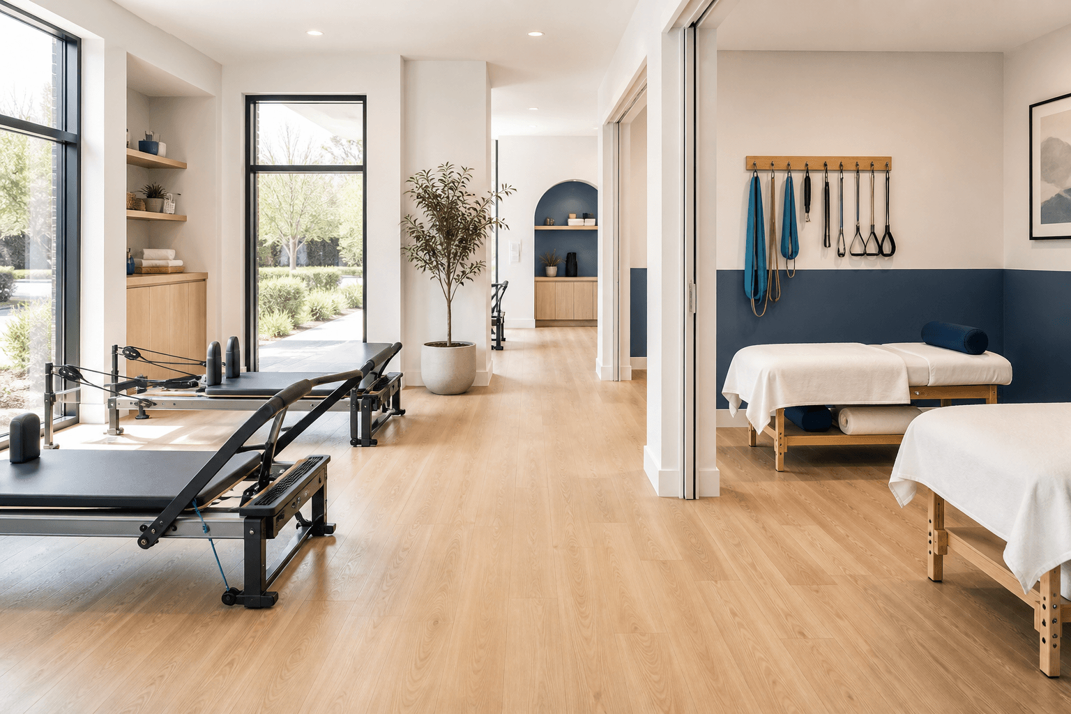 Modern LifeX wellness studio with treatment beds, Pilates equipment, and natural light